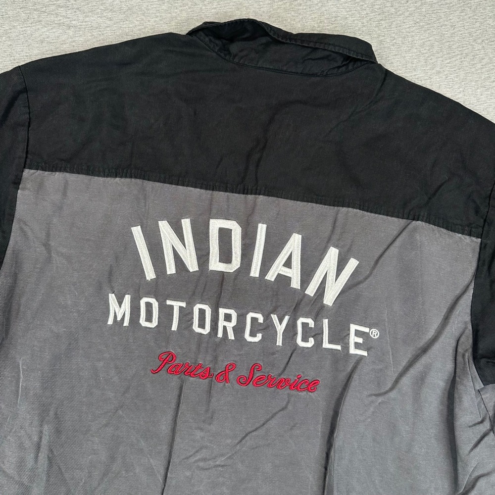 Indian Motorcycle Shirt Mens 2XL Grey Black Embroidered Mechanic Button Up Logo